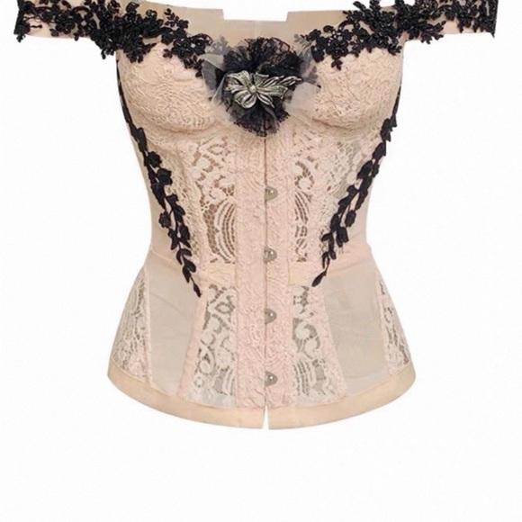 CHANEL Tops - Lace Corset Top with Black Floral Accents